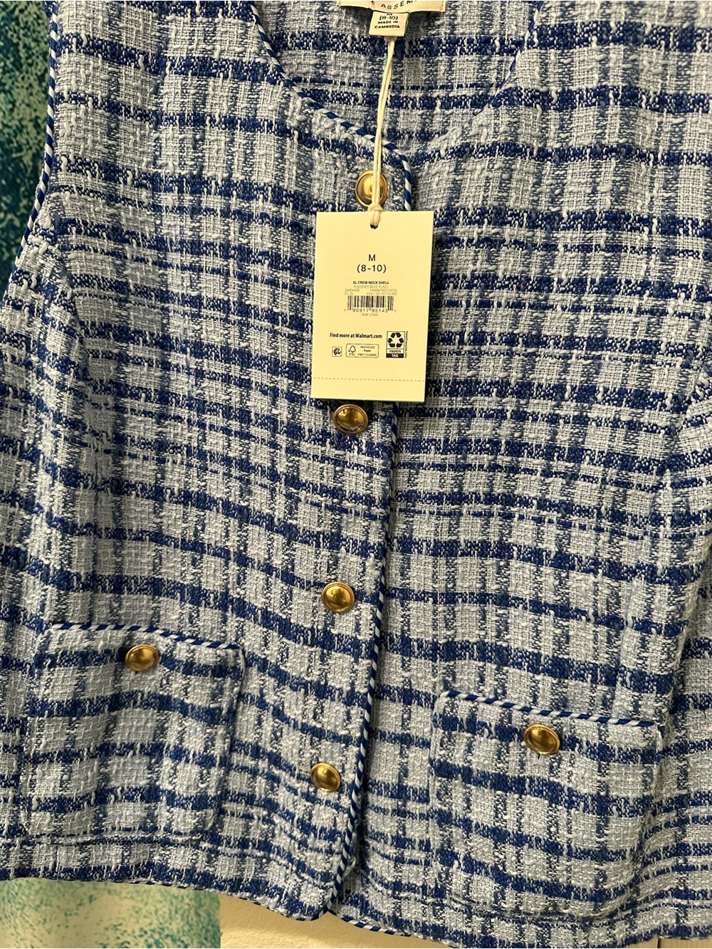 #48 Free Assembly Blue Plaid Tweed Vest with Gold Buttons - Picture 2 of 5